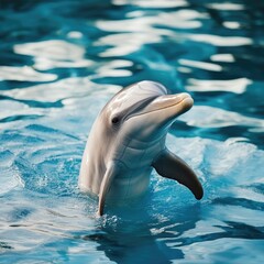 Obraz premium A dolphin swimming with its head above the water, great for aquatic or ocean-related scenes