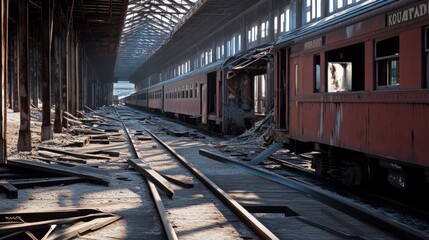 An abandoned train station lies in decay, with derelict carriages and broken tracks shrouded in a haunting beauty that hints at past journeys and stories.