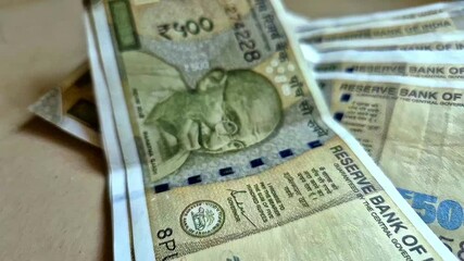 close up of new 500 rupees Indian currencies background.