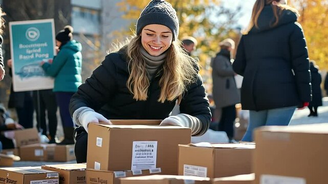 The volunteer kneels beside a stack of donation boxes, arranging items carefully while surrounded by people and uplifting posters promoting kindness.