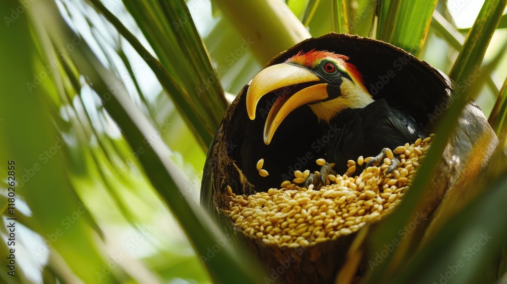 Poster a bird perched on a branch, featuring a distinctive large beak