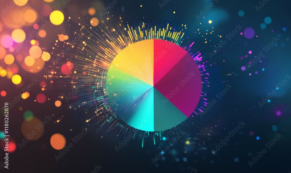 Poster colorful pie chart with abstract digital elements and sparkles