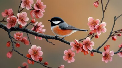 Fototapeta premium Black-capped Chickadee Amongst Nature's Blossoms - A Stunning Display of Avian Beauty