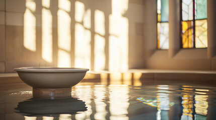 Baptismal Font with Stained Glass Water Reflection