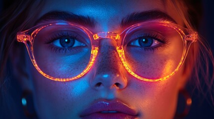 Woman with glowing glasses in neon light