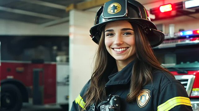 A close-up captures the proud and confident smile of a female firefighter, her protective suit detailed with patches and her gloves resting on her hip inside the station.