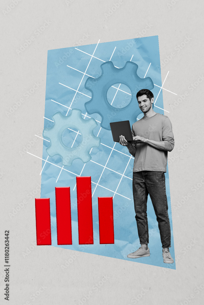 Poster trend artwork sketch design montage 3d collage of trader business charts success graphics young man 