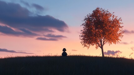 Fototapeta premium Silhouetted child sits in grass, gazing at sunset behind autumn tree.