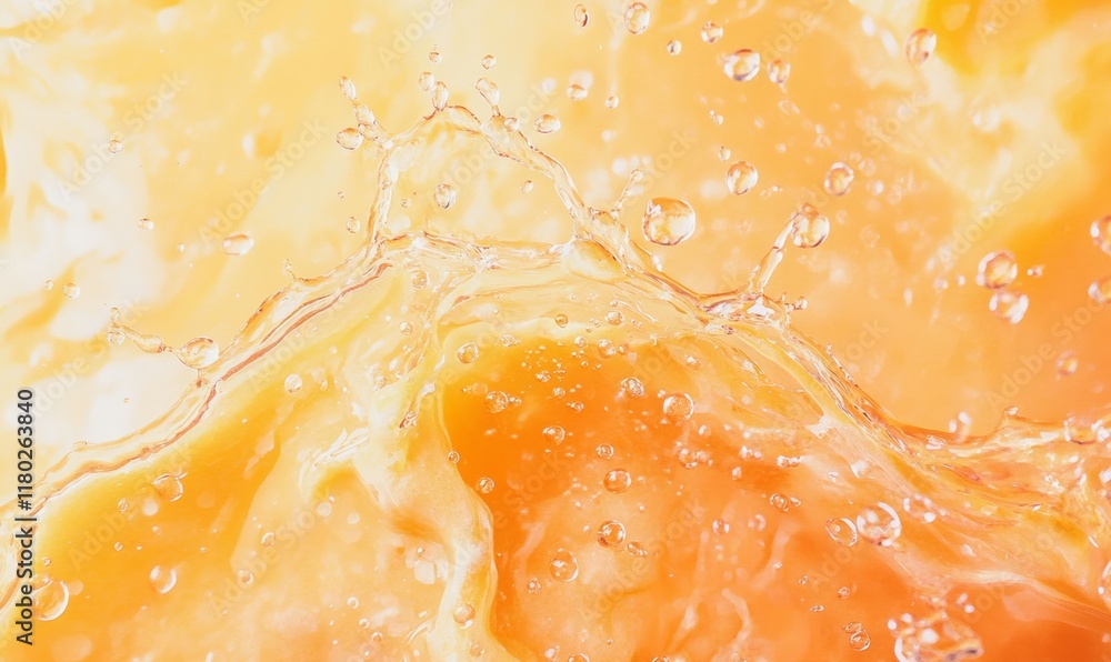 Poster colorful splash of fresh orange juice, captured in a close-up shot with vivid slices and droplets cr
