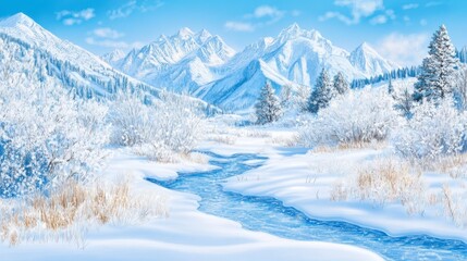 Fototapeta premium Breathtaking Winter Mountain Valley Scene: A Frigid River Meanders Through Snowy Forests and Majestic Peaks