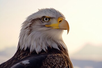 Obraz premium A close-up shot of a bald eagle perched on a mountain, offering a stunning view of its natural habitat