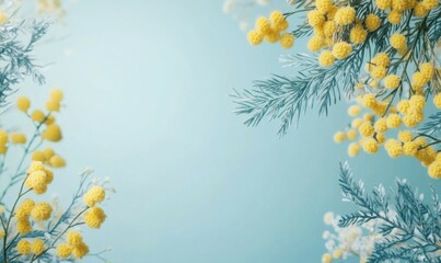 Blue banner with mimosa branch for spring holidays