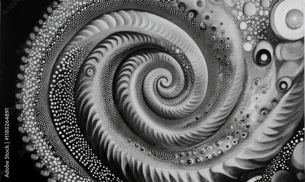 Poster black and white image of a spiral with many small dots. the image has a futuristic and abstract feel
