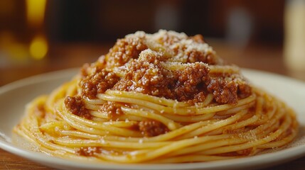 Fototapeta premium Delicious Spaghetti Bolognese on a Plate, perfect for food bloggers or restaurant menu