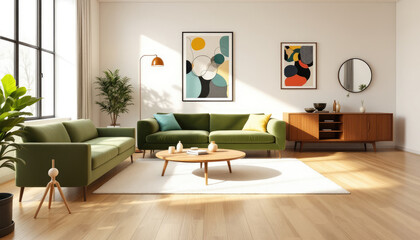 Modern japandi living room with a green sofa, a wooden coffee table, and a large window.