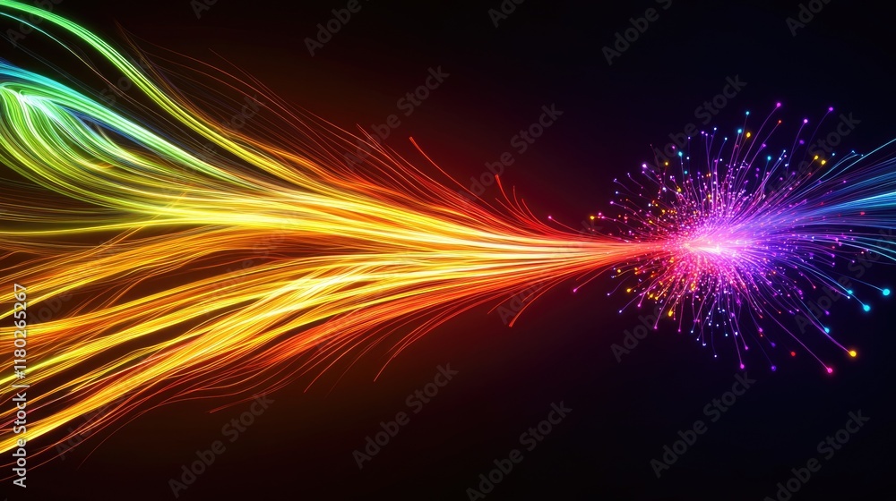 Poster vibrant firework explosion in 3d rendered neon spectrum with chaotic glowing lines and bright laser 