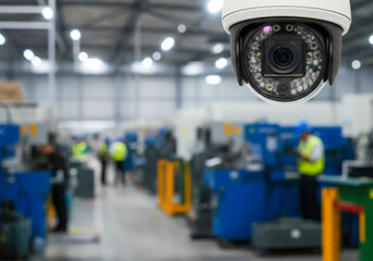 Fototapeta premium Security camera monitors factory workers engaged in machinery tasks during daytime operations