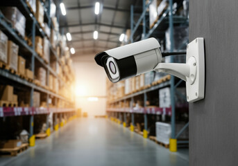 Surveillance camera monitors activity in large warehouse environment during day