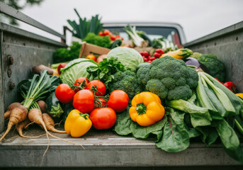 Fresh vegetables and produce displayed in the back of a pickup truck during a farmers market in early morning