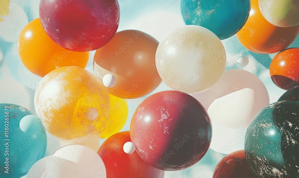 Poster colorful image of a bunch of different colored balls and spheres. the image is abstract and has a pl