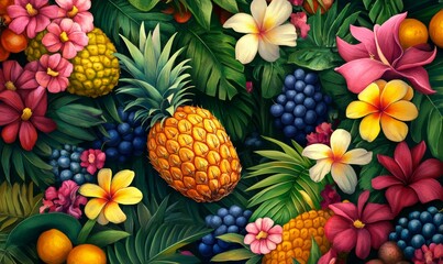 Fototapeta premium Colorful image of a tropical forest with a variety of fruits and flowers.
