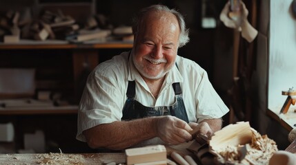 A joyful craftsman in his workshop, surrounded by wood shavings, smiles warmly while deftly creating a wooden masterpiece.