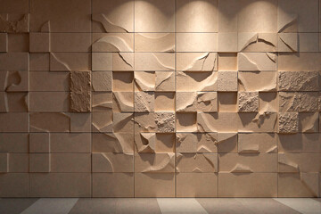 Minimalistic wall art with textured clay tiles forming an abstract relief pattern