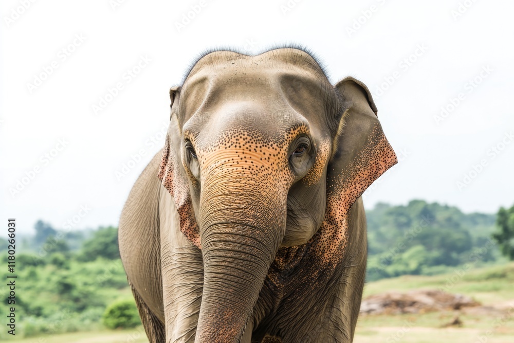 Poster an elephant stands in a green field surrounded by tall trees
