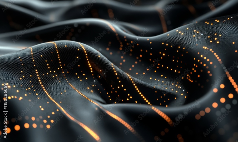 Poster black fabric with a pattern of lines and dots. the fabric is folded and has a shiny appearance