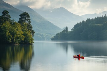 Kayaking through tranquil waters of a stunning lake surrounded by lush forests and majestic mountains at dawn