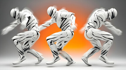 Abstract figures in dynamic poses against gradient background; motion, energy, strength concept; ideal for sports, technology, or design projects.