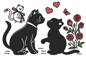 happy valentine's day couple cute cat in love animal silhouette vector illustration