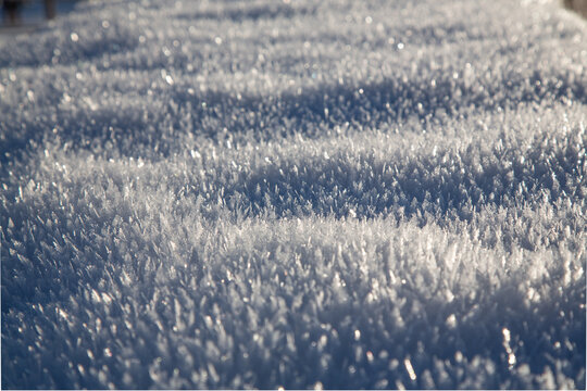 Hoar frost. Closeup. Nature phenomenon. Ice landscape. Winter weather. Wonderful surface.