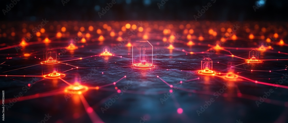 Poster abstract network nodes glowing red.