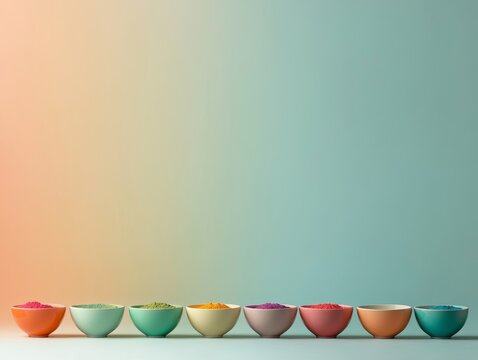 Row of Vibrant Holi Powder Bowls on Pastel Green Background 4