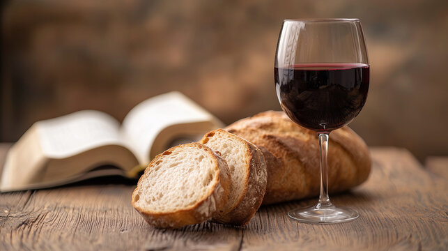 Communion Elements on Rustic Table with Bible Background