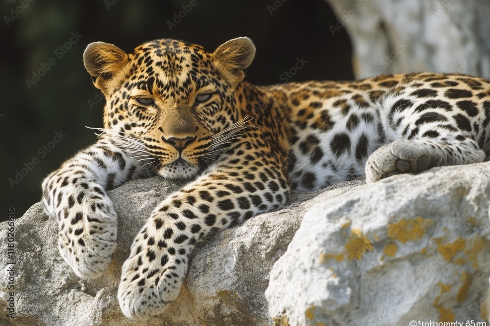Aufkleber a leopard resting on a large rock