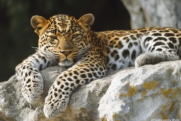 Obraz premium A leopard resting on a large rock