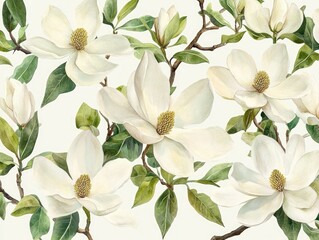 Obraz premium Elegant White Magnolia Blossoms on Lush Green Leaves in a Serene Floral Display