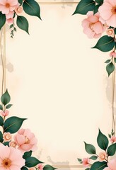 Fototapeta premium Floral Border With Pink Flowers And Green Leaves Surrounding A Blank Space. Wedding Invitation Card Design