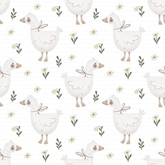 Seamless pattern with cartoon duck. Colorful illustration flat style. hand drawing. design for print, wrapper, fabric.	
