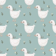 Seamless pattern with cartoon duck. Colorful illustration flat style. hand drawing. design for print, wrapper, fabric.	
