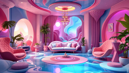 A fantastical and vibrant living room with a pink and blue color scheme, featuring a large circular rug, plush seating, and a chandelier.