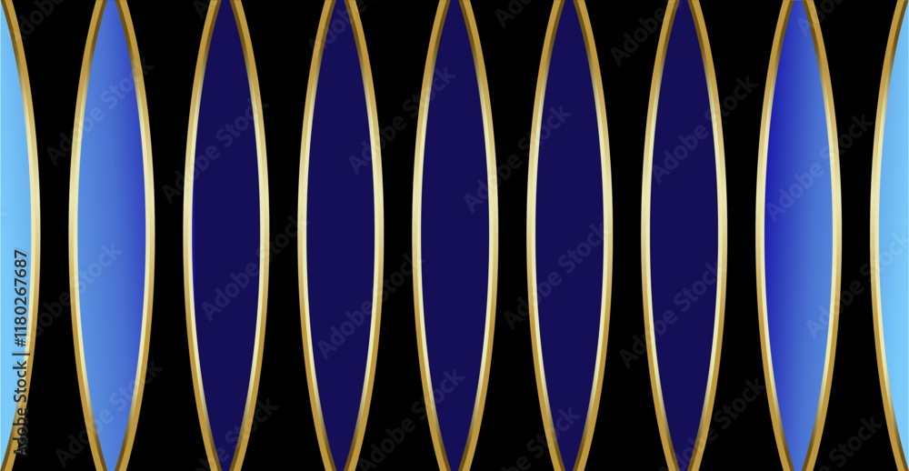 Poster repetition of gold curved lines and abstract geometric fields in black on a blue gradient background