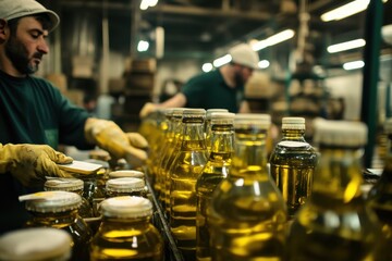 Workers label olive oil bottles in a facility for distribution during the production process