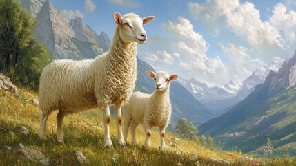 Fototapeta premium Sheep and Goat Grazing Together in a Sunny Mountainous Pasture of a Charming Village