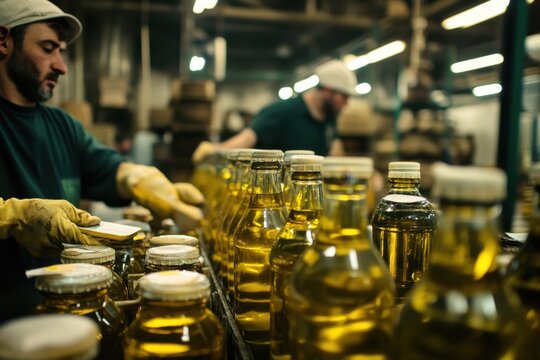 Workers label olive oil bottles in a facility for distribution during the production process