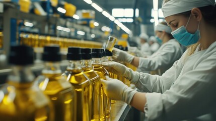 Workers label olive oil bottles in a facility for distribution during the production process