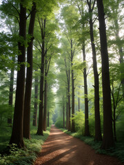Fototapeta premium Lush forest pathway surrounded by tall trees in the early morning light