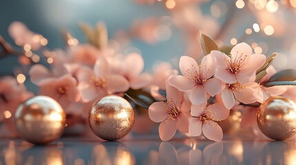 Elegant spring blossom arrangement with golden spheres delicately placed on a soft pastel background symbolizing renewal, beauty, and calmness of the season

